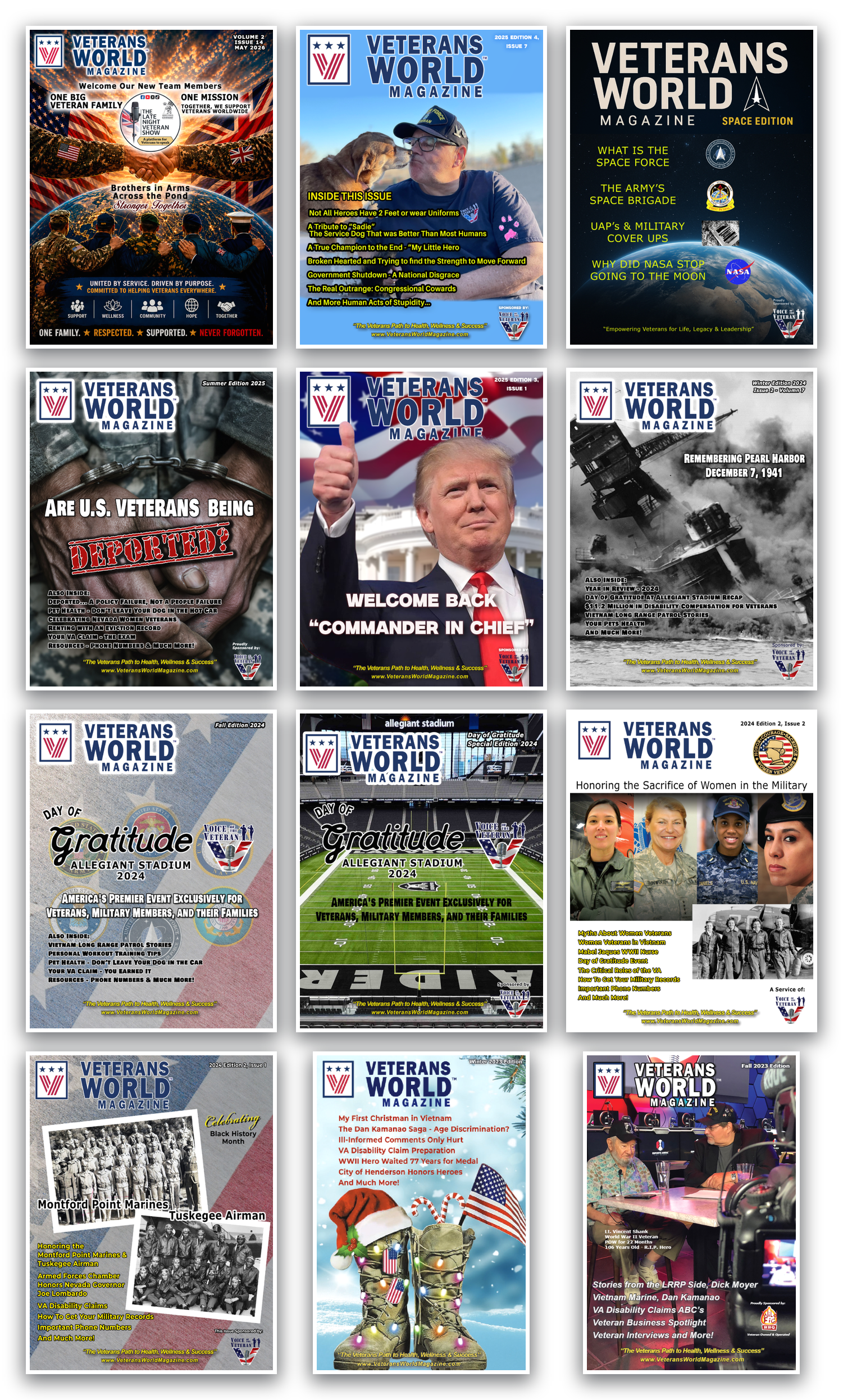 Collage of twelve recent Veterans World Magazine covers